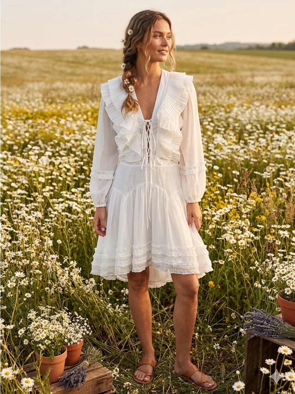 Bohemian White Ruffle Tie-Front Mini Dress